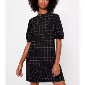 Loft Dress 0P Petites Women's Black Windowpane Puff Sleeve Shift Keyhole Back